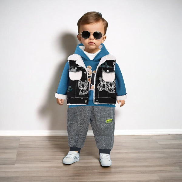 Boys Winter Outfit Lined Denim Jacket, Hoodie, and Pants Set