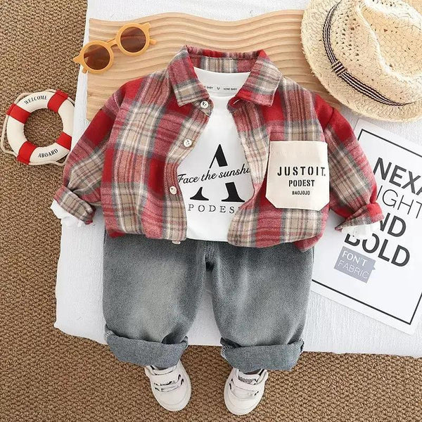 Boys Red Plaid Shirt With T-shirt And Jeans 3 Pc Set TrendyKid