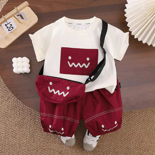 Boys White Graphic T-shirt And Shorts With Bag