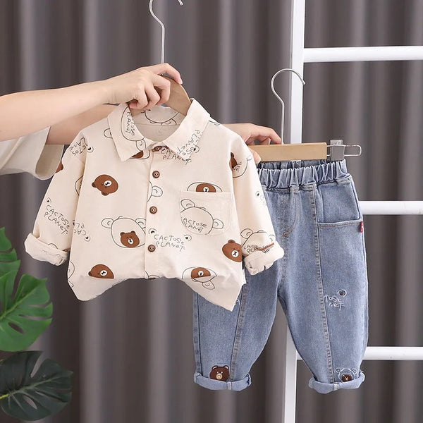 Boys Bear Printed Shirt And Jeans 2 Pcs Set