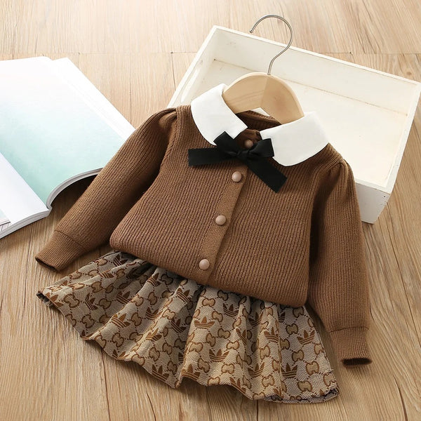 Girls Brown Bow Top And Skirt 2 Pcs Set