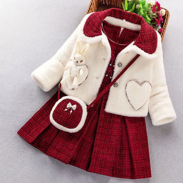 Girls Red Plaid Dress And Coat Set