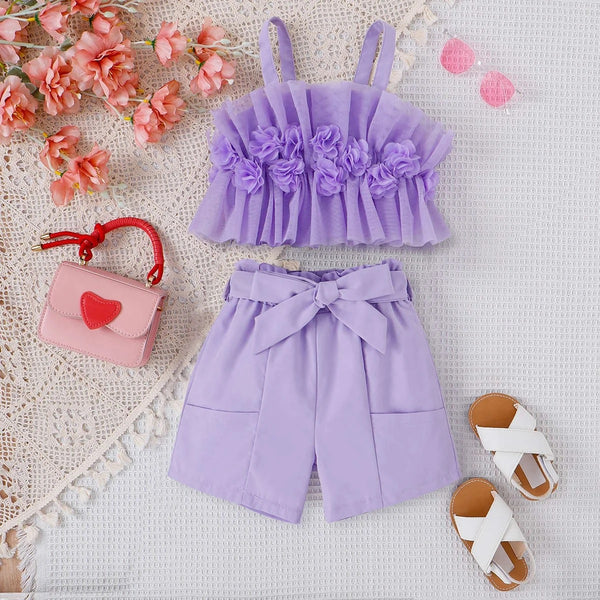 Girls Purple Floral Ruffled Top And Shorts