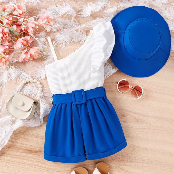 Girls Off-Shoulder Top And Shorts With Hat 3 Pcs Set