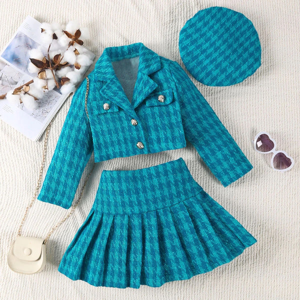 Girls Solid Short Jacket With Pleated Skirt And Cap 3 Pcs Set