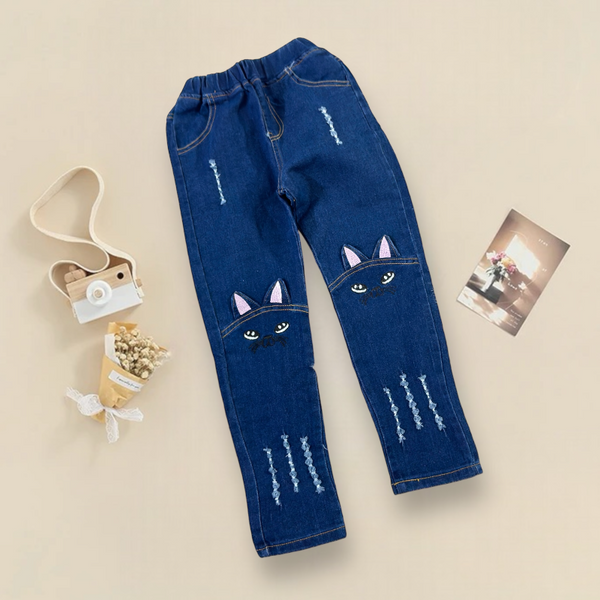 Girls Blue Detailed Rugged Jeans