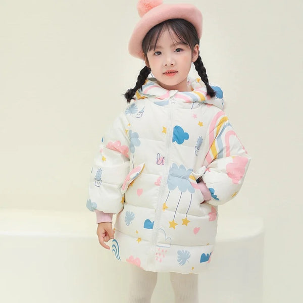 Girls Printed White Puffer Hoodie Jacket