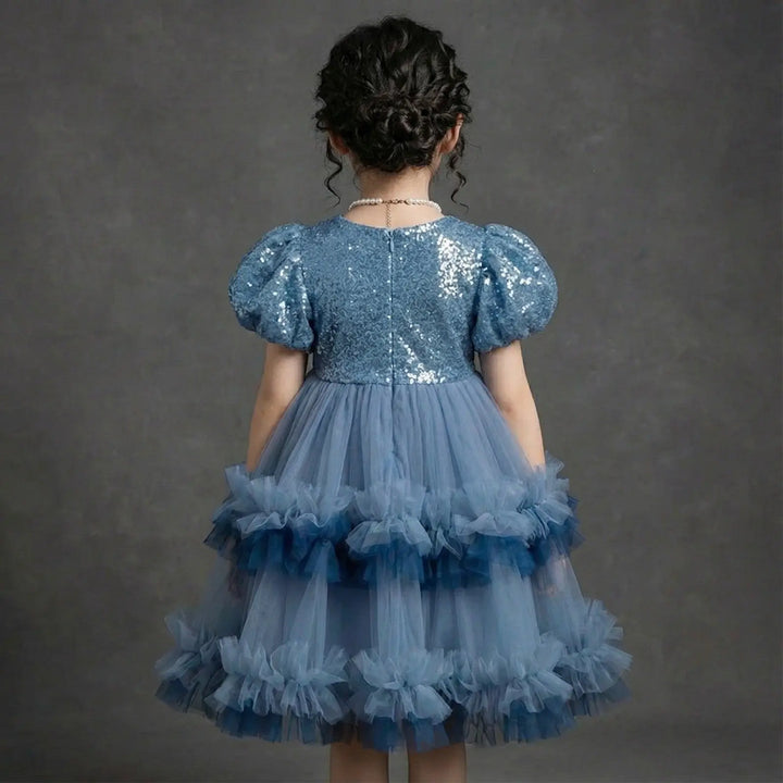 Girls Frill Sequin Ruffle Blue Dress TrendyKid