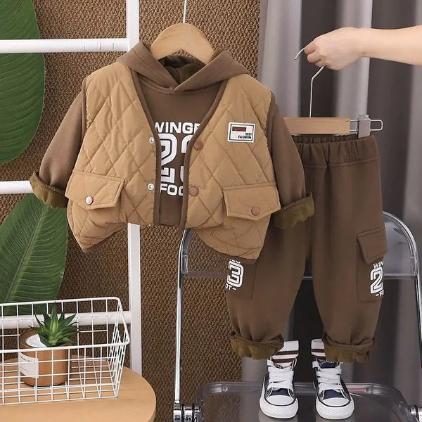 Boys Brown Quilted Vest And Jogger Set