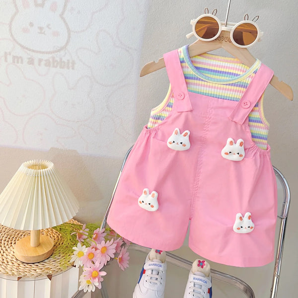 Girls Multicolored Top And Rabbit Motif Pink Dungaree 2 Pcs Set