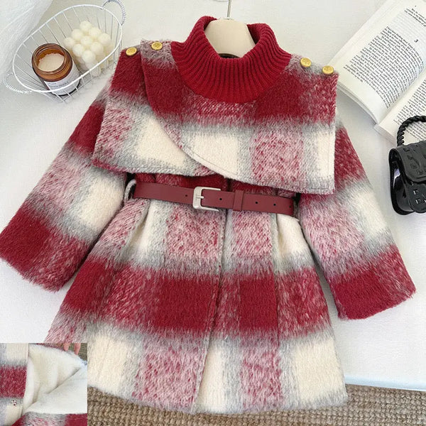 Girls Plaid Red & White Long Coat