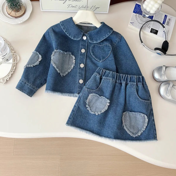 Girls Denim Jacket And Skirt With Heart Patch Design