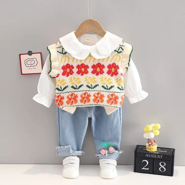 Girls Designer Sweater With Top And Jeans 3 pc set