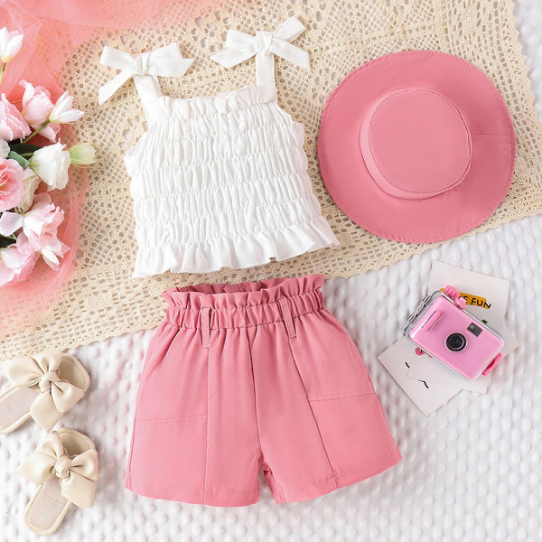 Girls White Top And Pink Shorts With Hat 3 pcs Set