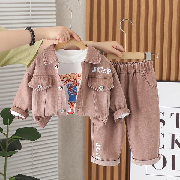 Boys Denim Printed Co-ord Set With T-shirt 3 Pcs Set