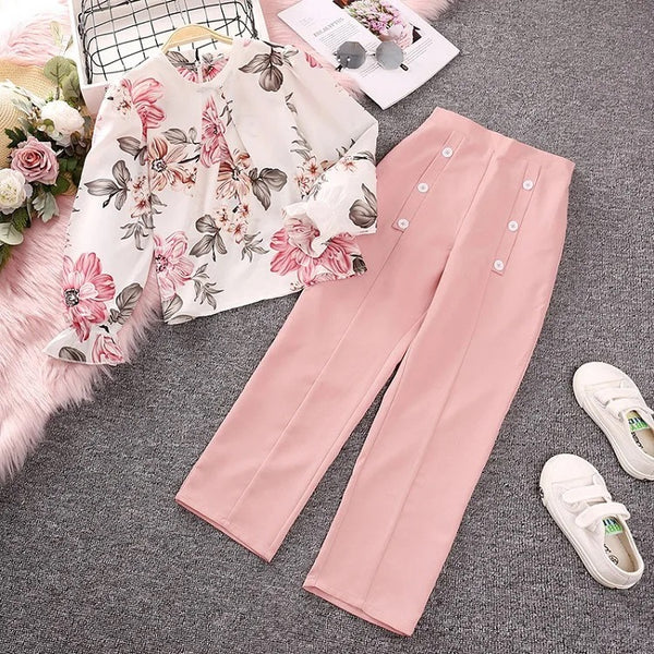 Girls Floral Printed Top And Pink Pant 2 Pcs Set