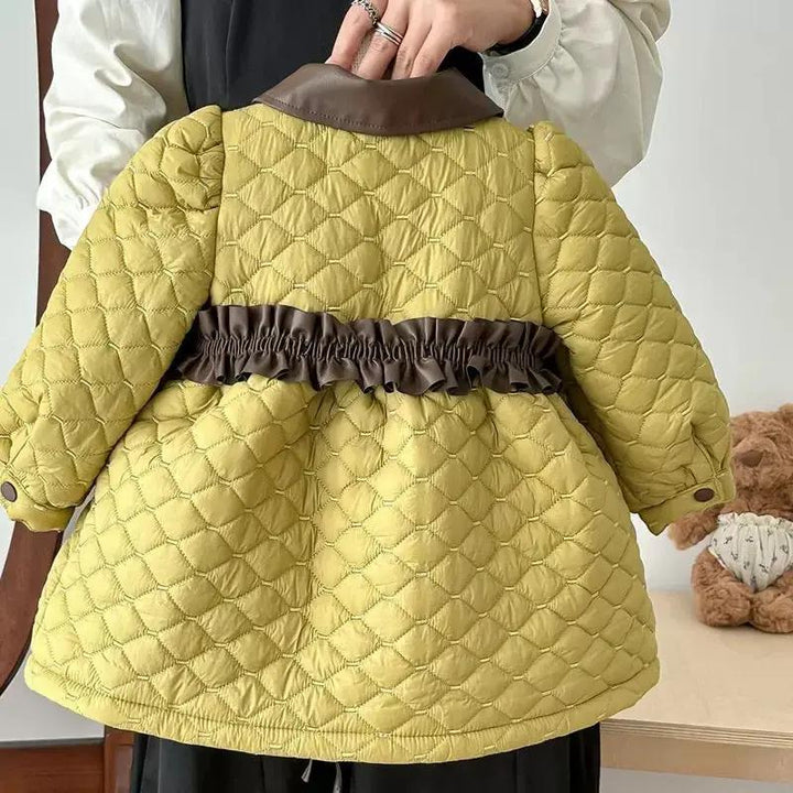 Girls Olive Quilted Winter Coat with Brown Ruffle Belt TrendyKid