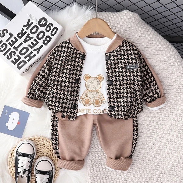 Boys Plaid Jacket with T-shirt And Jogger 3 Pcs Set