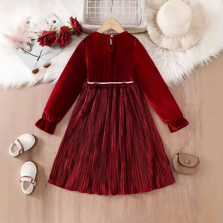 Girls Red Velvet-Pleated Dress TrendyKid
