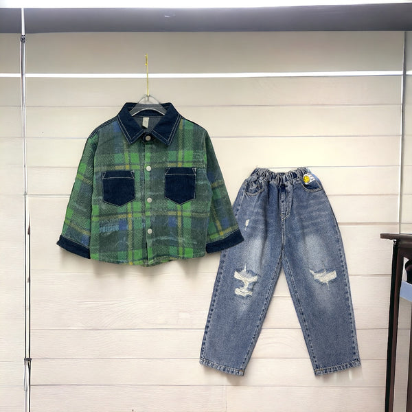 Boys Green Checkered Shirt With Ripped Jeans 2 Pcs Set