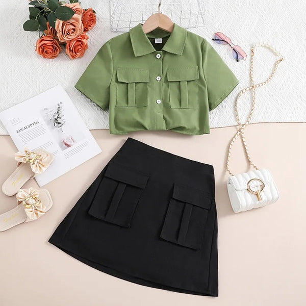 Girls Crop Shirt And Skirt 2 Pcs Set