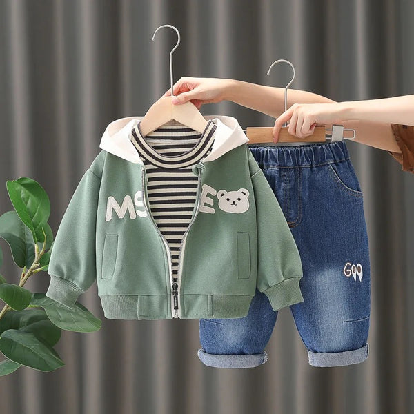 Boys Bear-Themed Green Hoodie Set with Striped Tee and Denim Pants