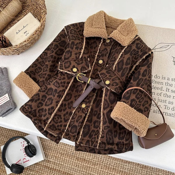 Girls Leopard Print Faux Fur Coat with Belt