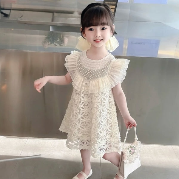 Girls Pearl Embellished White Party Lace Dress