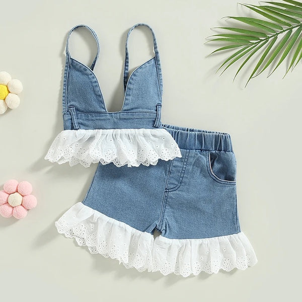 Girls Halter Frill Denim 2 Pc Set