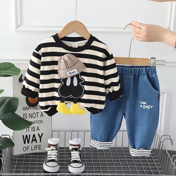 Boys 3D Striped T-shirt And Jeans 2 Pcs Set