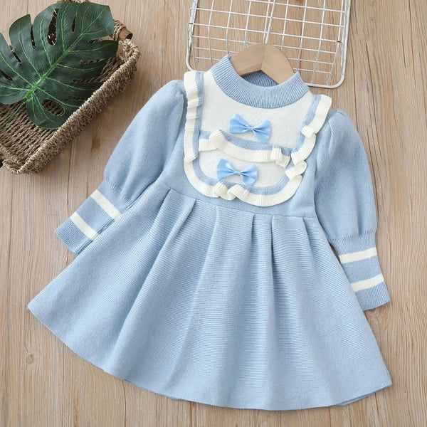 Girls Knitted Full Sleeves Blue Bow Dress