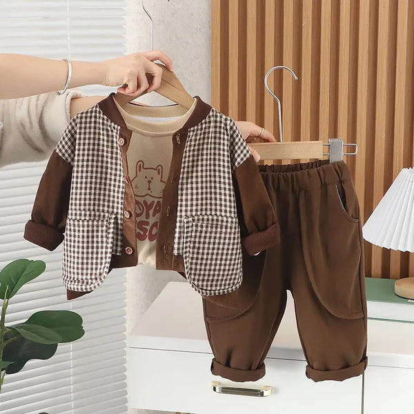 Boys Brown Plaid Shirt With Printed T-shirt And Trouser