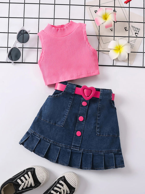 Girls Pink Sleeveless Top And Denim Skirt 2 Pcs Set