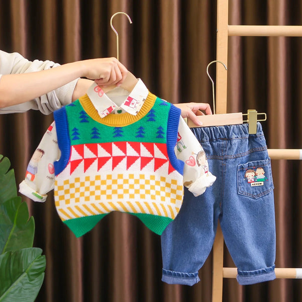 Boys Color-Block Sweater, Shirt And Jeans Set