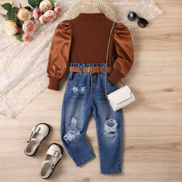 Girls Brown Knitted Top And Rugged Jeans 2 Pcs Set