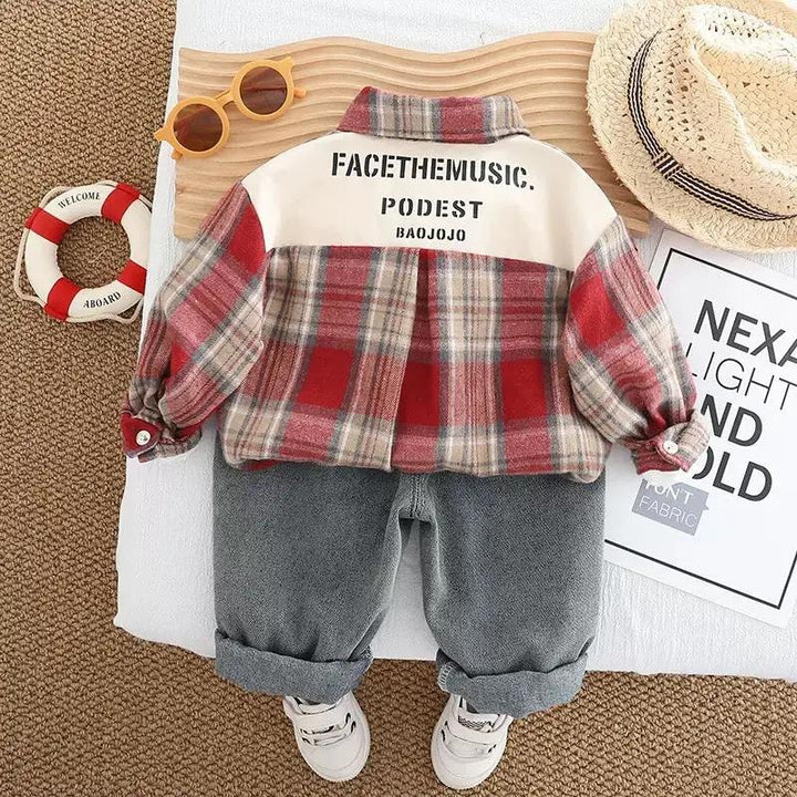 Boys Red Plaid Shirt With T-shirt And Jeans 3 Pc Set TrendyKid