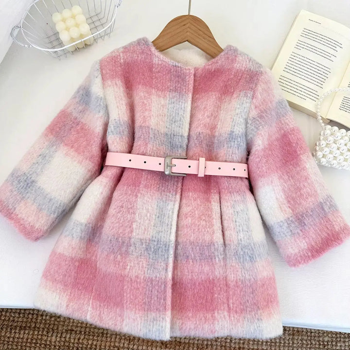 Girls Plaid Pink Coat With Belt TrendyKid
