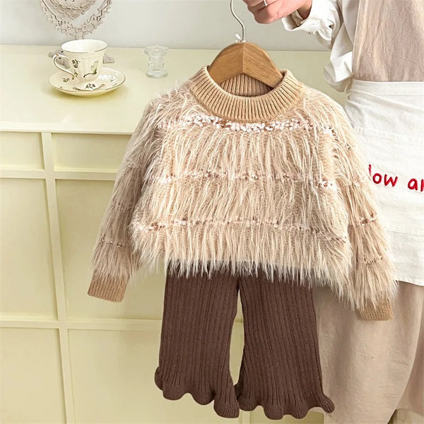 Girls Fluffy Knit Sweater and Brown Ribbed Flare Pants Set