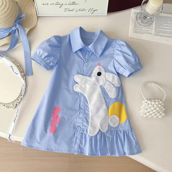 Girls Patchwork Blue Shirt Dress With a Hat