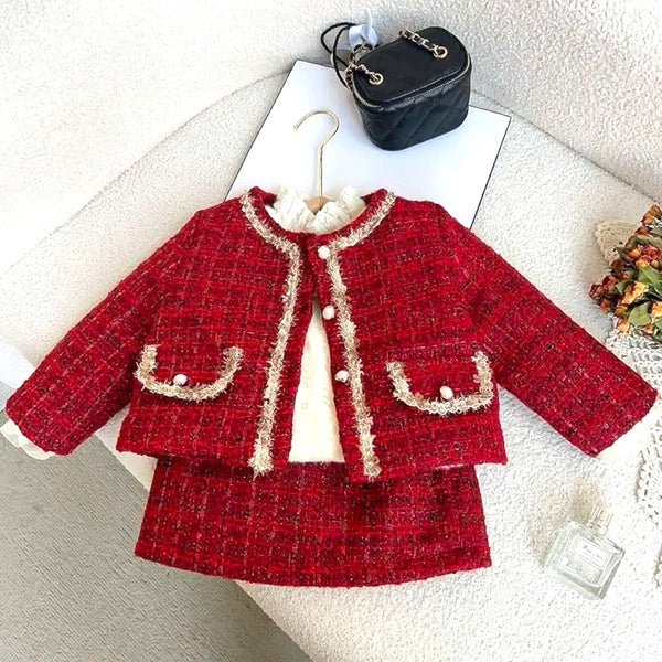 Girls Red Tweed Jacket and Skirt Set with Pearl Detailing