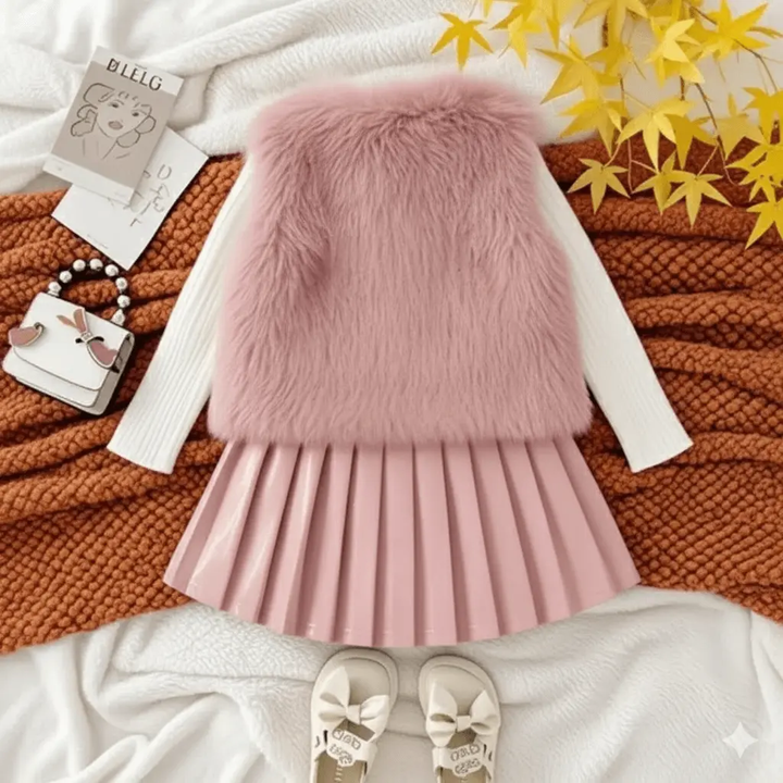 Girls Pink Faux Fur Jacket with Knitted Top And Pleated Skirt TrendyKid