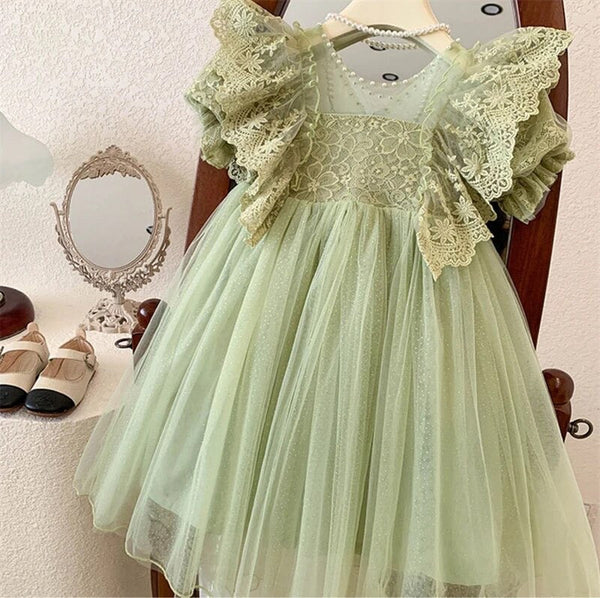 Girls Green Lace Frill Dress