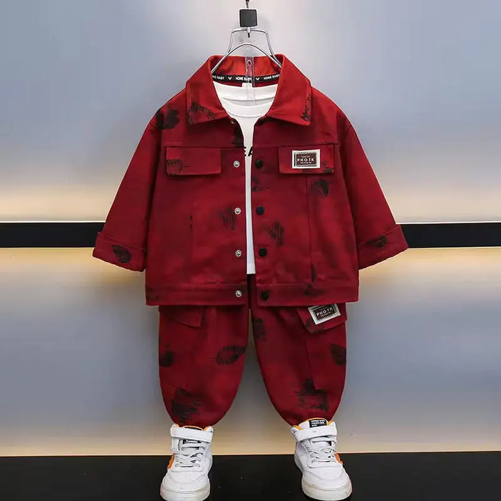 Boys Red Denim-Style Jacket & Jogger Co-ord Set with White Tee TrendyKid