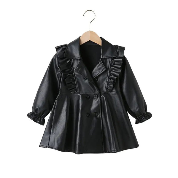 Girls Black frill PU Long Coat