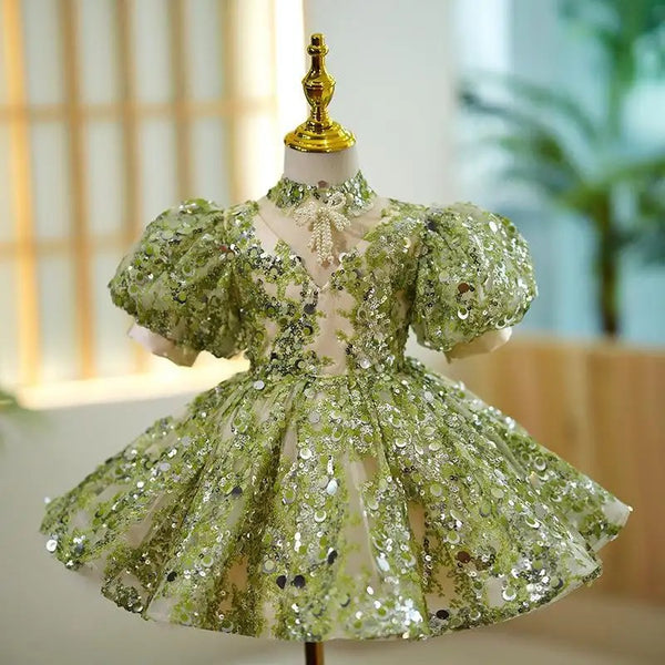 Girls Green Designer Sequins Party Wear Dress