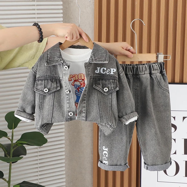 Boys Denim Printed Grey Co-ord Set With T-shirt 3 Pcs Set