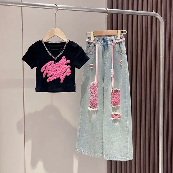 Girls Printed T-Shirt And Rugged Jeans 2 Pcs Set