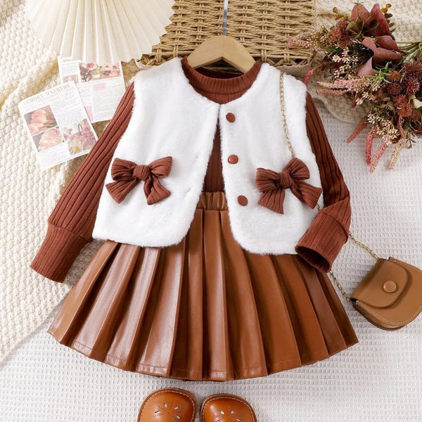 Girls Knitted Top With Jacket And Pleated Skirt