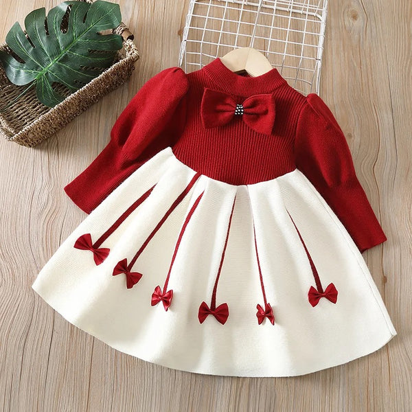 Girls Knitted Full Sleeves Bow Dress