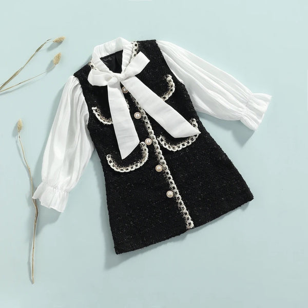 Girls Black and White Tweed Party Dress